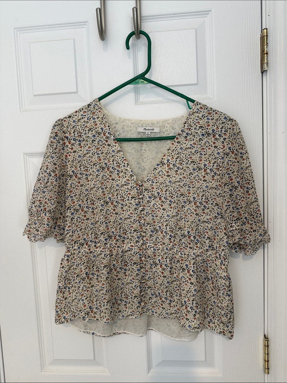 Madewell Cream Floral V-Neck Peplum Blouse with Blue and Brown Accents